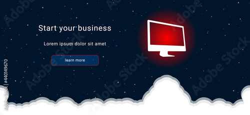 Business startup concept Landing page screen. The monoblock symbol on the right is highlighted in bright red. Vector illustration on dark blue background with stars and curly clouds from below