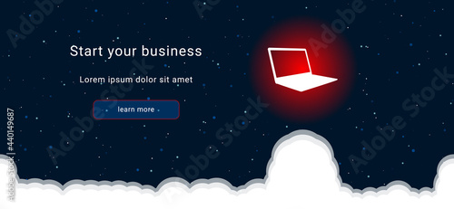 Business startup concept Landing page screen. The notebook symbol on the right is highlighted in bright red. Vector illustration on dark blue background with stars and curly clouds from below