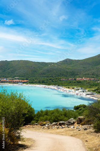 Stunning view of a white sand beach bathed by a beautiful turquoise sea. Marinella Beach, Porto Rotondo, Costa Smeralda, Sardinia, Italy.