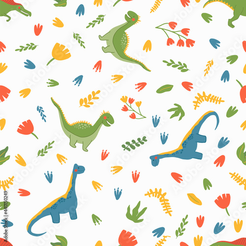 Cartoon dinosaurs seamless pattern. Flat, jurassic, wild animal in doodle style. Hand drawn childish Vector illustration on white background. Perfect for background, wrap paper, wall paper, fabric