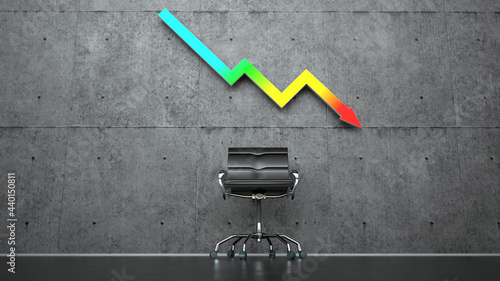 Three dimensional render of office chair standing under colorful graph arrow representing economic recession
