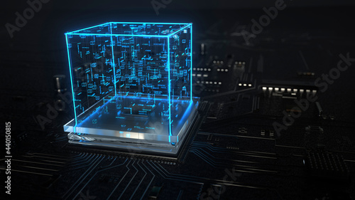 Three dimensional render of blue cube glowing on top of circuit board photo