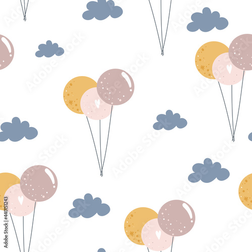 Seamless pattern with air ballon in the sky and clouds for fabric, textile, wrapping