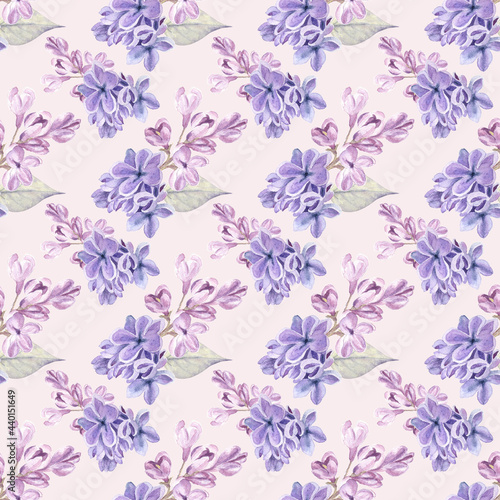 Seamless pattern with elegant lilac flowers on pastel pink background. Watercolor hand drawn elements. For home decor  fashion and textile  linen  stationery  cards  wedding design and more.