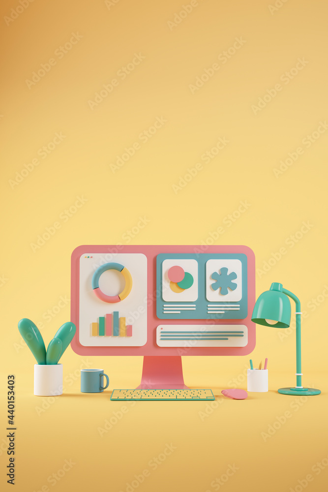Cartoon computer and keyboard by potted plant against yellow background ...