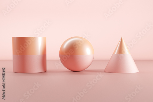 Three dimensional render of pink and orange sphere, cone and cylinder photo