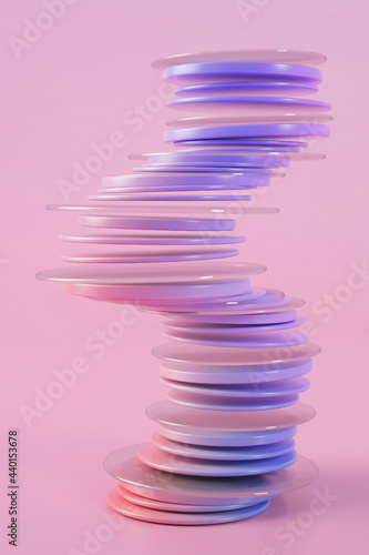 Three dimensional render of stack of purple rings floating against pink background