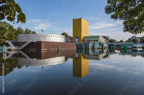 Netherlands, Groningen, Groninger Museum reflecting in Verbindingskanaal photo