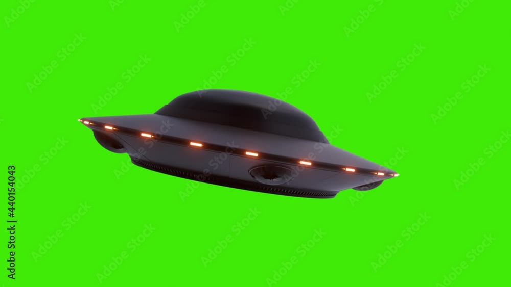 Realistic UFO on green screen background. Flying Saucer with RED lights