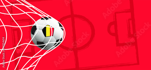 Ball in goal with the flag of Belgium. Soccer on green football grass field. Vector red background banner. wk, ek play model. Sport finale or school, sports game cup. Street ball games. 2021