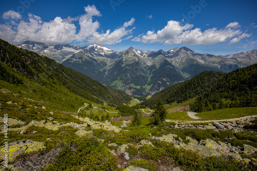 Scenic view of green forested Aurina Valley in summer