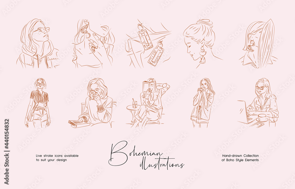Elegant hand-drawn boho style wall art vector set. Bohemian line art drawing. Abstract feminine line art design for print, cover, wallpaper. Minimal wall art. Elegant hand-drawn boho style wall art vector set. Bohemian line art drawing. Abstract feminine line art design for print, cover, wallpaper. Minimal wall art.