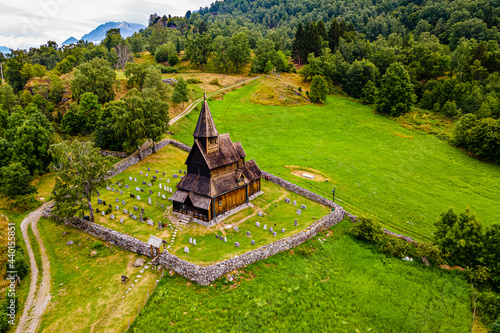 Norway, Lustrafjorden, Aerial view of Unesco world heritage site Urnes Stave Church