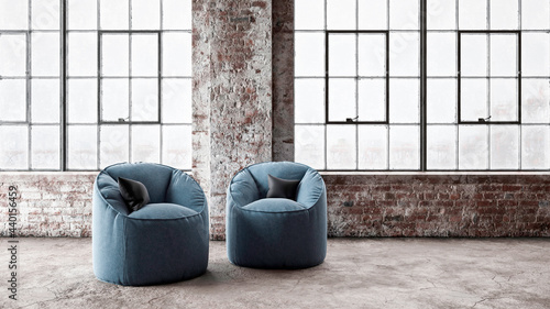 Three dimensional render of two chairs standing in front of windows inside industrial loft photo