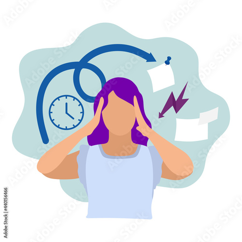 A young girl holds her head. Vector image of stress, deadline, deadlines, plans. For posters, websites, mobile apps, and books