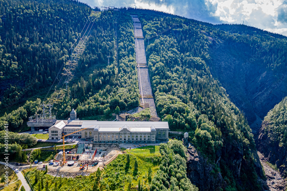 Norway, Telemark, Rjukan, Aerial view of hydroelectric power station of Unesco world heritage Industrial site Rjukan Notodden Norway, Telemark, Rjukan, Aerial view of hydroelectric power station of Unesco world heritage Industrial site Rjukan Notodden