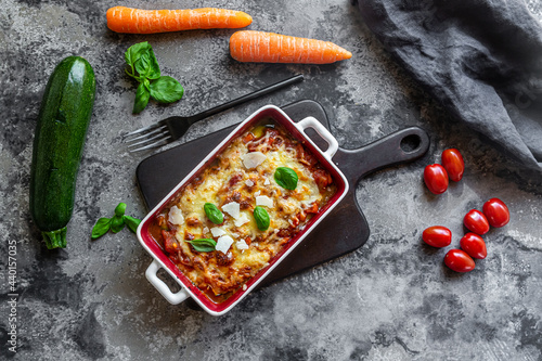 Studio shot of freshly made low carb vegetarian lasagna
