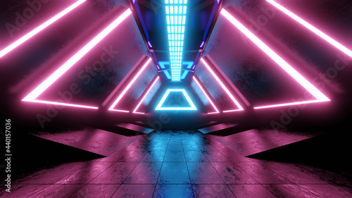 Three dimensional render of futuristic corridor illuminated by pink and blue neon lighting photo