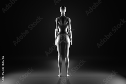 Three dimensional render of gynoid standing against black background photo