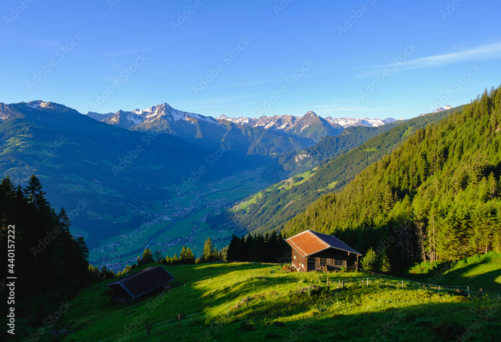 View over Ziller valley with alpine cabins, Tyrol, Austria View over Ziller valley with alpine cabins, Tyrol, Austria