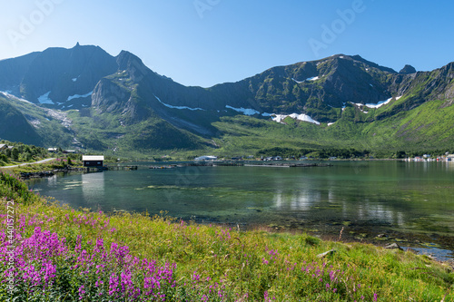 Scenic view of springtime lake and mountains on Senja island photo