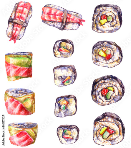 Color pencils illustration of sushi and rolls