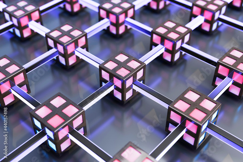 Three dimensional render of pink interconnected cubes creating mapped network photo