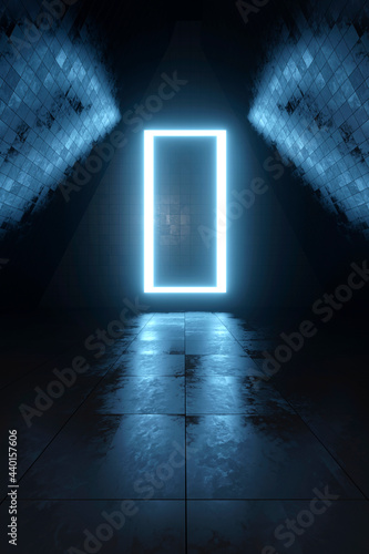 Three dimensional render of blue rectangular gate glowing at end of dark empty interior photo