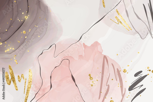 Abstract pink and grey liquid watercolor background with golden glitter brushstrokes and lines. Elegant fluid marble alcohol ink drawing effect with golden stains. Vector illustration in earth colors