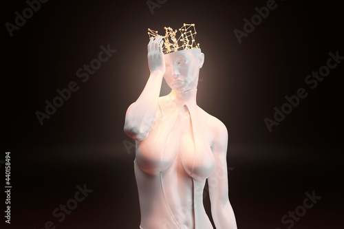 3D illustration of female character with digital brain and thought process