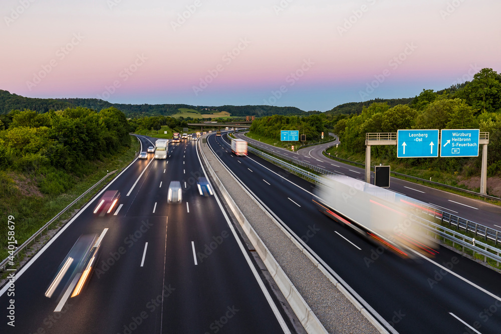 View to a motorway at sunset, Leonberg, Germany View to a motorway at sunset, Leonberg, Germany