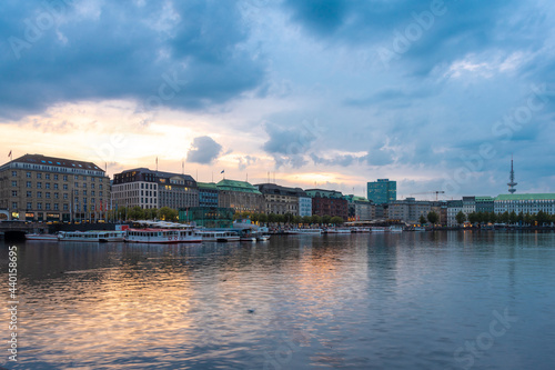 Cityscape with Binnenalster at sunset, Hamburg, Germany photo