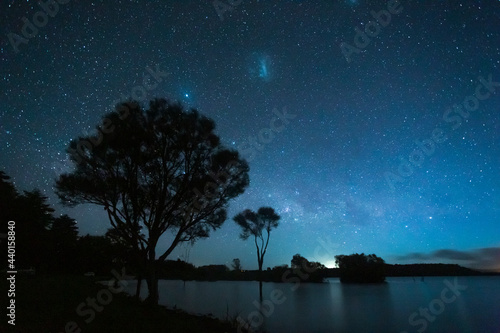New Zealand, North Island, Rotorua, Lake Okareka at starry night