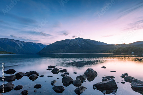 New Zealand, Tasman District, Scenic view of Lake Rotoiti at moody sunset