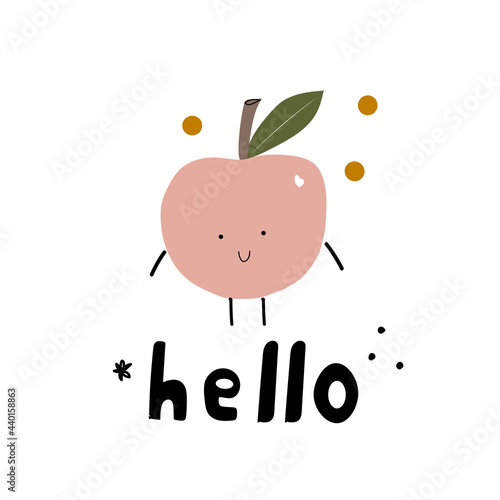 cute cartoon apple with hands and eyes. handwritten text. poster for children. beautiful fruit. child's drawing for t-shirt print design.