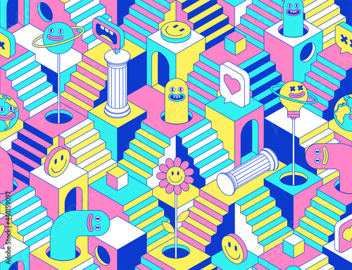 Surreal seamless pattern with stairs, steps, labyririnth, secrets, sculpture, emoji, rainbow, arch, comic characters.