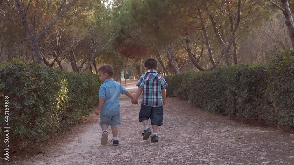 Cute siblings, two preschool boys holding hands and walking in the park. Back view slow motion. High quality FullHD footage Cute siblings, two preschool boys holding hands and walking in the park. Back view slow motion. High quality FullHD footage