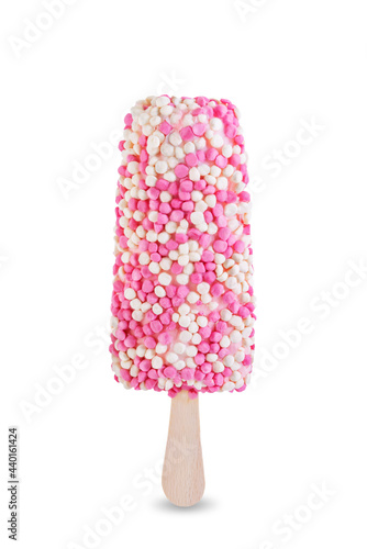 Strawberry ice cream with popcorn on a stick on a white isolated background