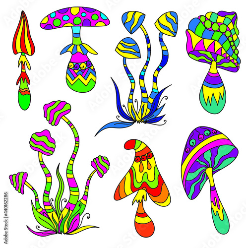 Set of fantasy colorful psychedelic, hallucinogenic doddle mushrooms. Zen art creative design collection on white background. Vector illustration.