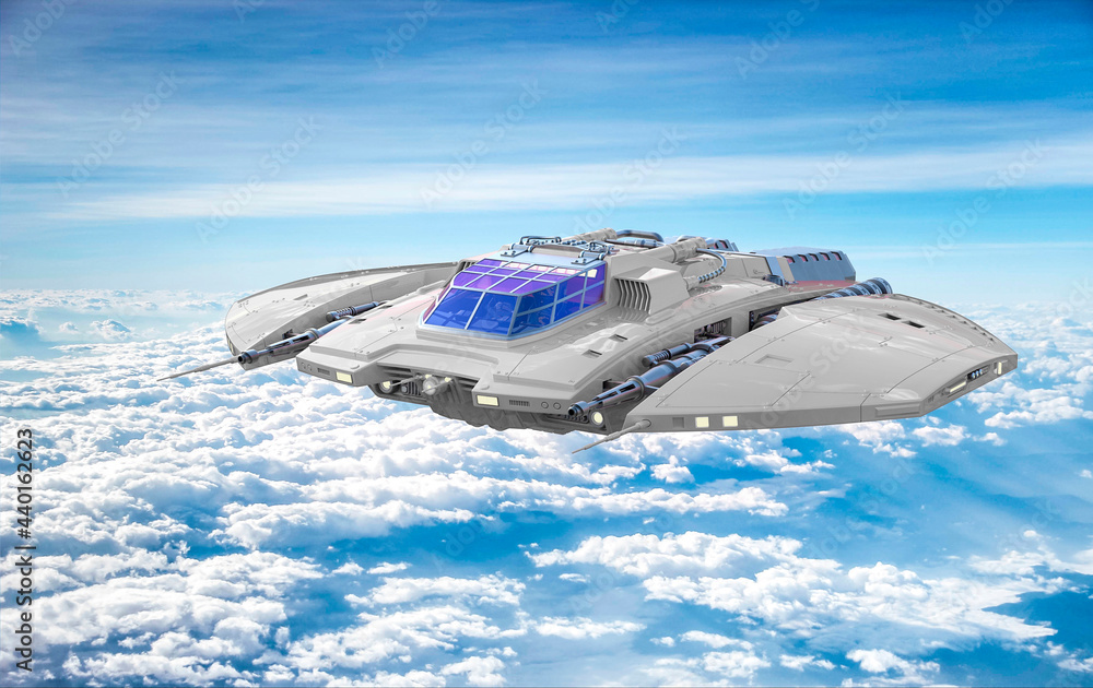 star ship flying above the clouds side view star ship flying above the clouds side view