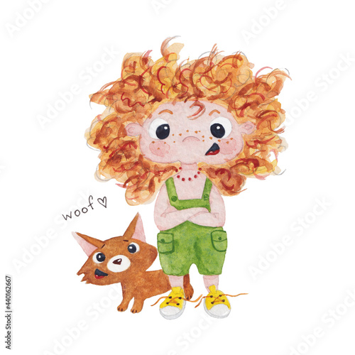 A girl with big curly red hair and a small brown dog. Watercolor illustration 