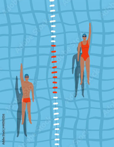 Swimmers in the pool top view. Man and woman swim swim on the back in the swimming pool. Sports competition. View from above. Vector flat design illustration.