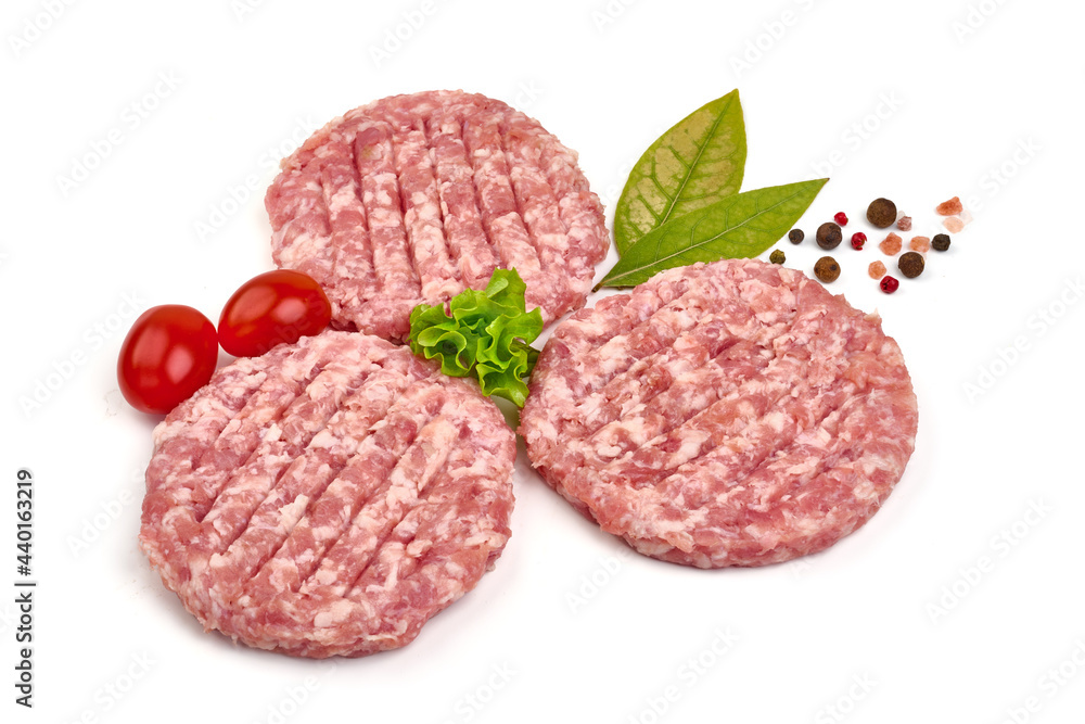 Fresh burger cutlets, isolated on white background. High resolution image. Fresh burger cutlets, isolated on white background. High resolution image.