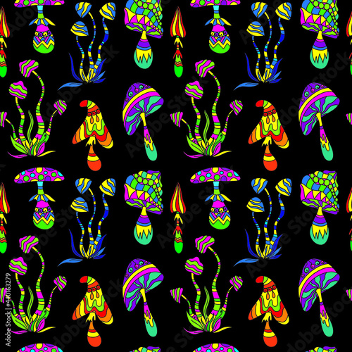 Set of fantasy colorful psychedelic, hallucinogenic doddle mushrooms. Zen art creative design collection on black background. Vector illustration. Seamless pattern.