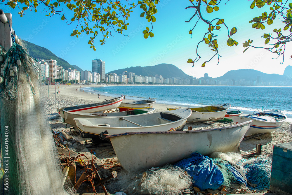 Fishing boat on Copacabana beach Rio de Janeiro