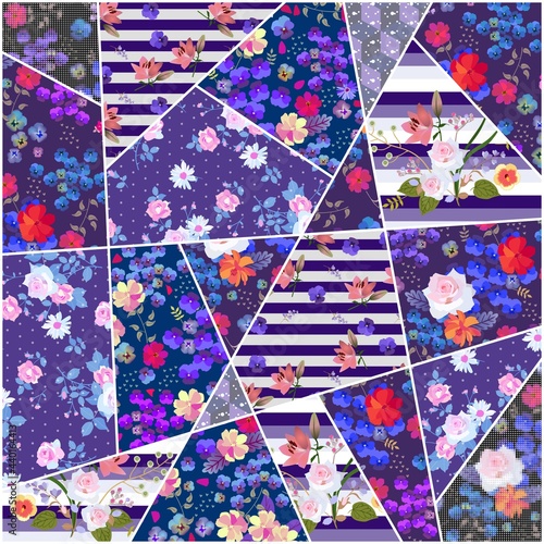 Patchwork pattern with beautiful summer flowers. Greeting card, bandana print, square carpet, pillowcase.