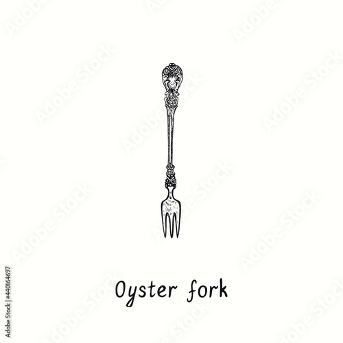 Oyster fork with retro style decor. Ink black and white drawing  woodcut vintage style  illustration