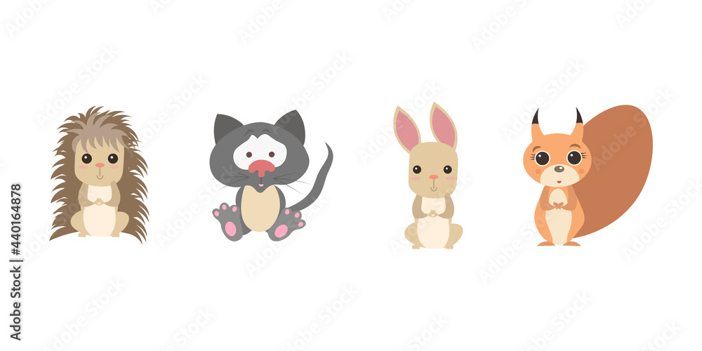 Rabbit, hedgehog, chanterelle, cat on a white background, a set of animals. Rabbit, hedgehog, chanterelle, cat on a white background, a set of animals.