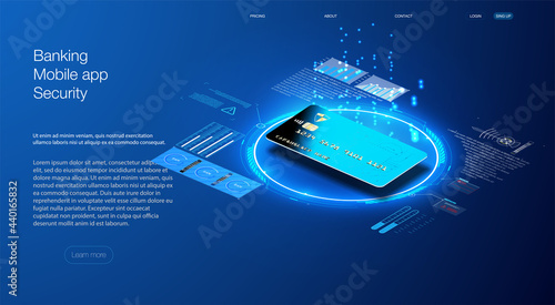 The credit card is isometric. The concept of the protective functions of the map. Can use for web banner. Secure payment, payment protection concepts. Credit card with lock. Vector illustration