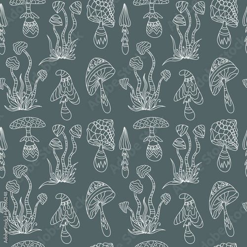 Set of fantasy outline psychedelic, hallucinogenic doddle mushrooms. Zen art creative design collection on grey background. Vector illustration. Seamless pattern.